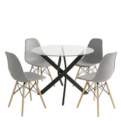Dining Room with Julita Grey Chairs and Antoro Glass Table with Black Metal Φ80x75 5 Pieces Set