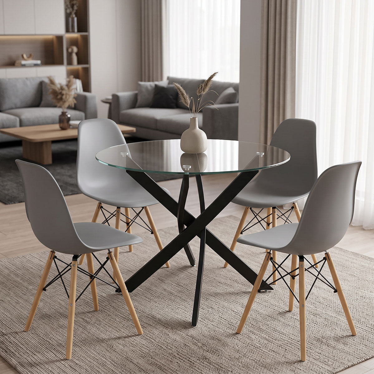 Dining Room with Julita Grey Chairs and Antoro Glass Table with Black Metal Φ80x75 5 Pieces Set