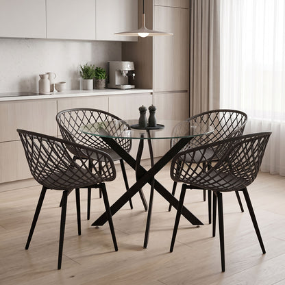 Dining Set Ezra Armchairs Anthracite and Antoro Glass Table with Black Metal Φ80x75 Set of 5 pcs