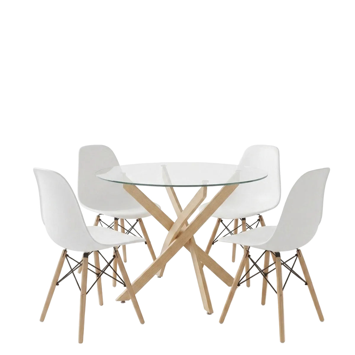 Dining Set with Julita Chairs White and Antoro Glass and Metal Table in Natural Shade Φ80x75 5 Pcs Set