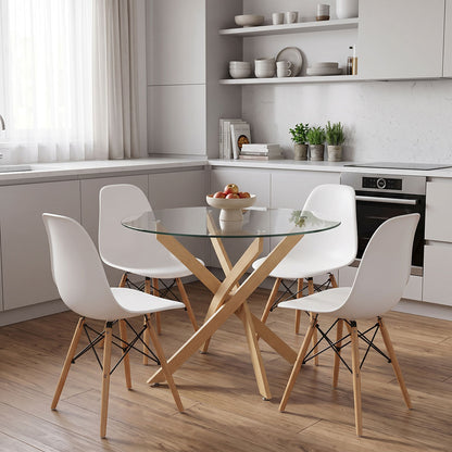 Dining Set with Julita Chairs White and Antoro Glass and Metal Table in Natural Shade Φ80x75 5 Pcs Set