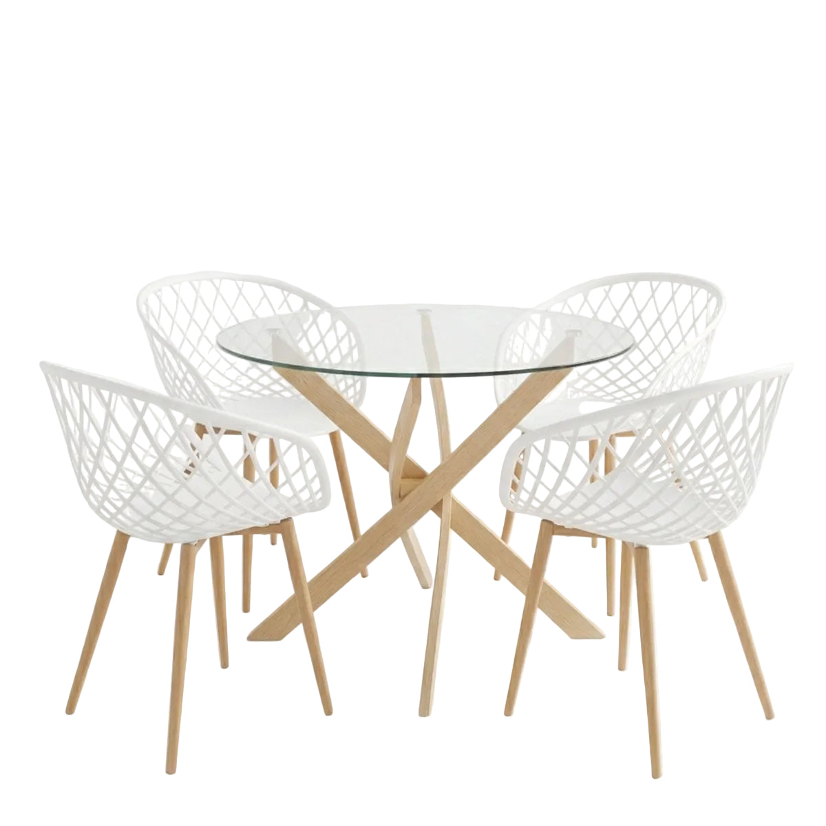 Dining Set with Ezra White Armchairs and Antoro Glass Table with Metal in Natural Shade Φ80x75 Set of 5 Pcs