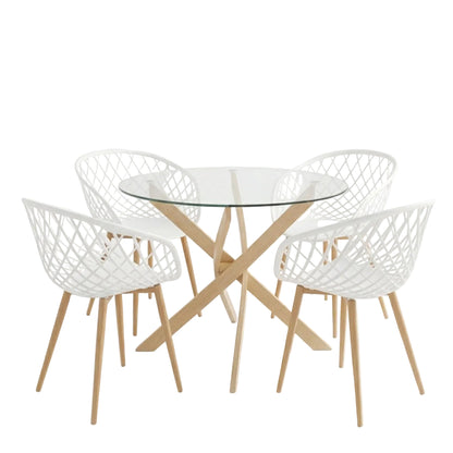 Dining Set with Ezra White Armchairs and Antoro Glass Table with Metal in Natural Shade Φ80x75 Set of 5 Pcs
