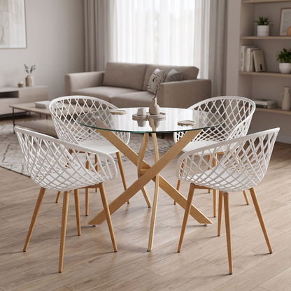 Dining Set with Ezra White Armchairs and Antoro Glass Table with Metal in Natural Shade Φ80x75 Set of 5 Pcs