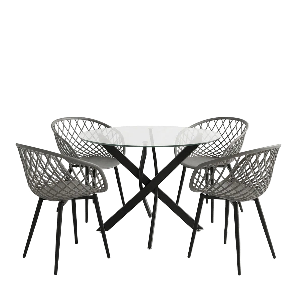 Dining Set with Ezra Anthracite Armchairs and Antoro Glass Table with Black Metal Frame Φ100x75, 5-Piece Set