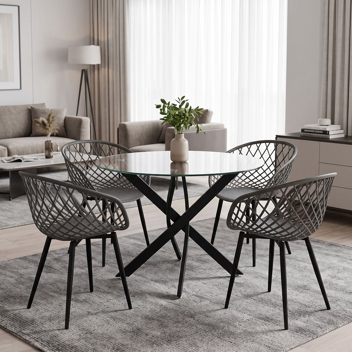 Dining Set with Ezra Anthracite Armchairs and Antoro Glass Table with Black Metal Frame Φ100x75, 5-Piece Set