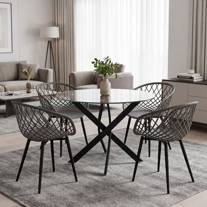 Dining Set with Ezra Anthracite Armchairs and Antoro Glass Table with Black Metal Frame Φ100x75, 5-Piece Set