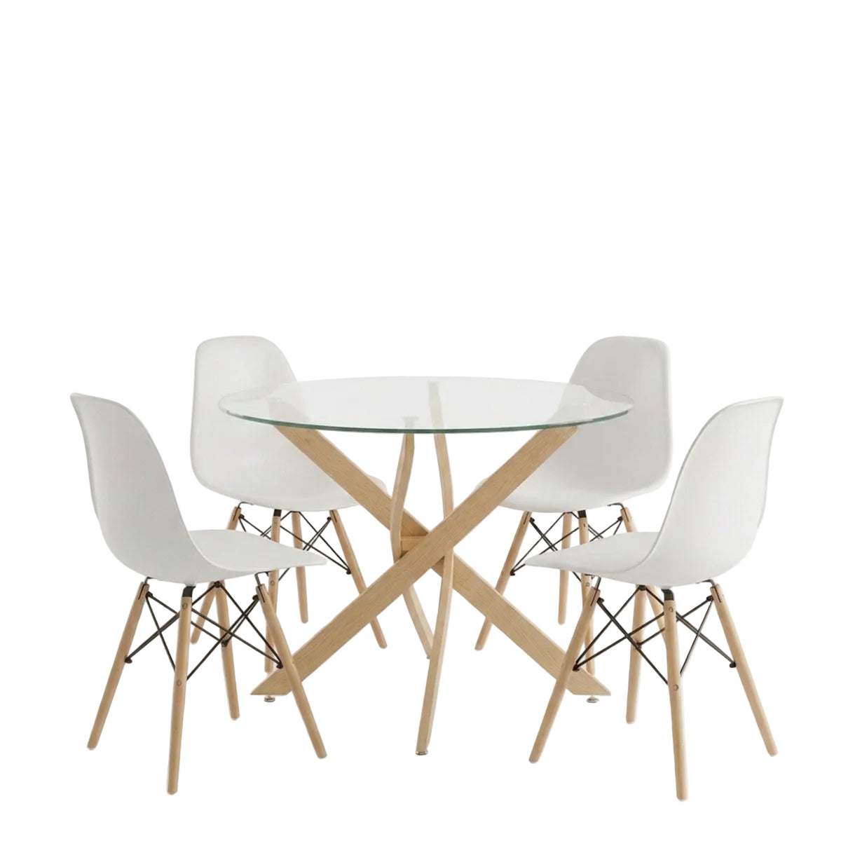 Dining Set with Julita Chairs White and Antoro Table Glass with Metal in Natural Color Φ100x75 Set of 5 Pcs