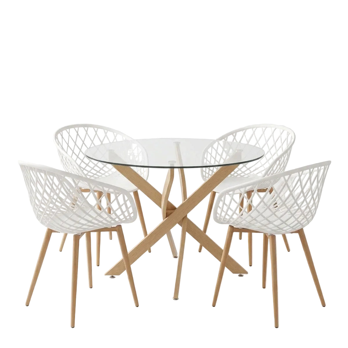 Ezra Dining Chairs White and Antoro Glass and Metal Table in Natural Color F100x75 5-Piece Set