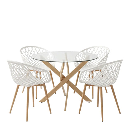 Ezra Dining Chairs White and Antoro Glass and Metal Table in Natural Color F100x75 5-Piece Set