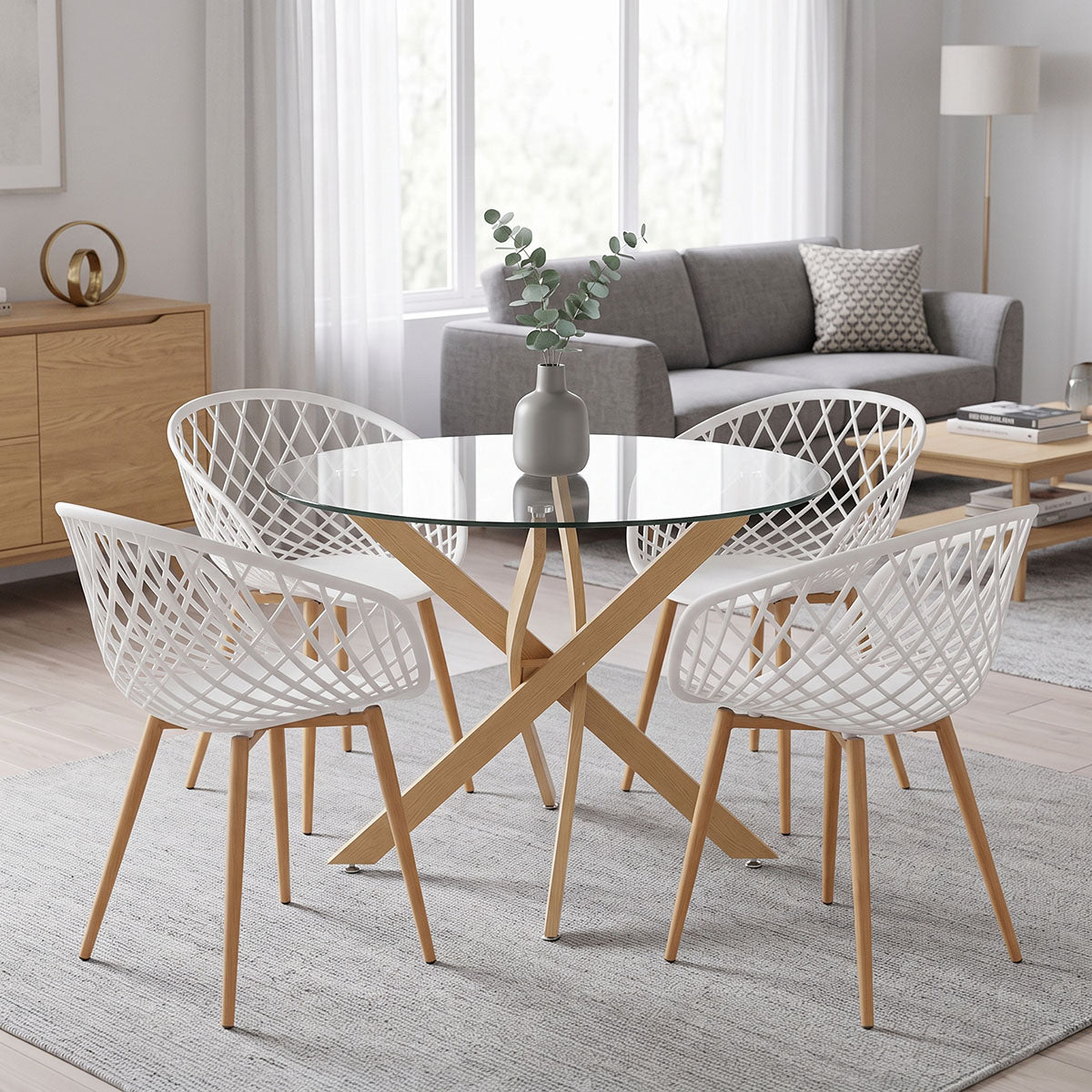 Ezra Dining Chairs White and Antoro Glass and Metal Table in Natural Color F100x75 5-Piece Set