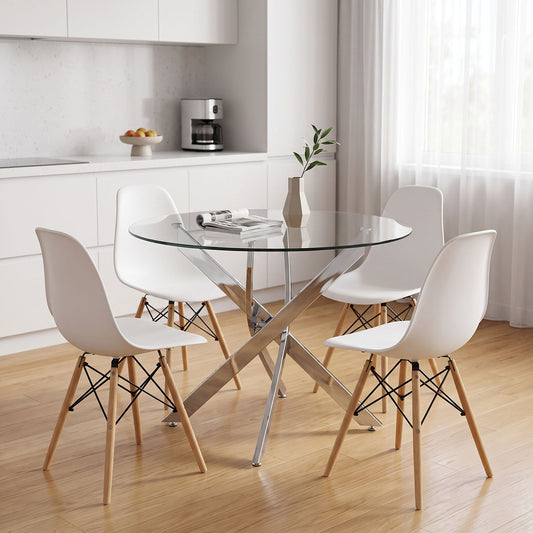 Dining Room with Julita White Chairs and Antoro Glass Table with Chrome Base F100x75 5 Pcs Set