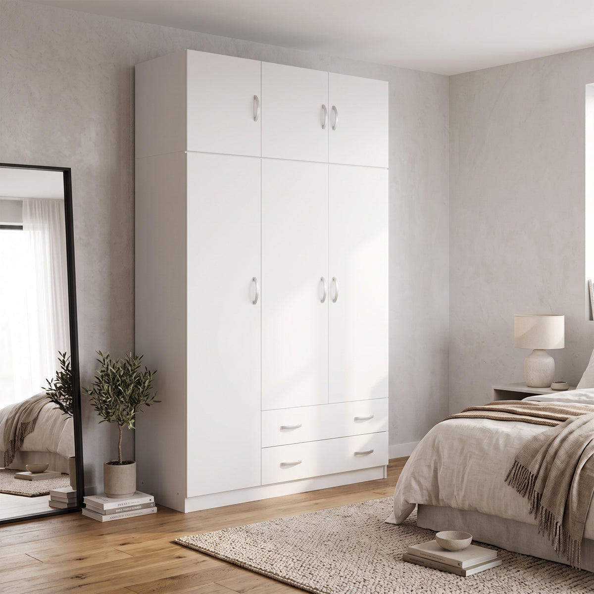 Alvia Three-Door Wardrobe with Top Storage, White 150x51x240