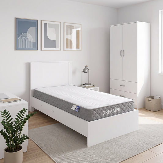 Athos Bedroom Set, White, with Two-Door Wardrobe and Dreamer Mattress 90 x 190 cm, 3 Pieces