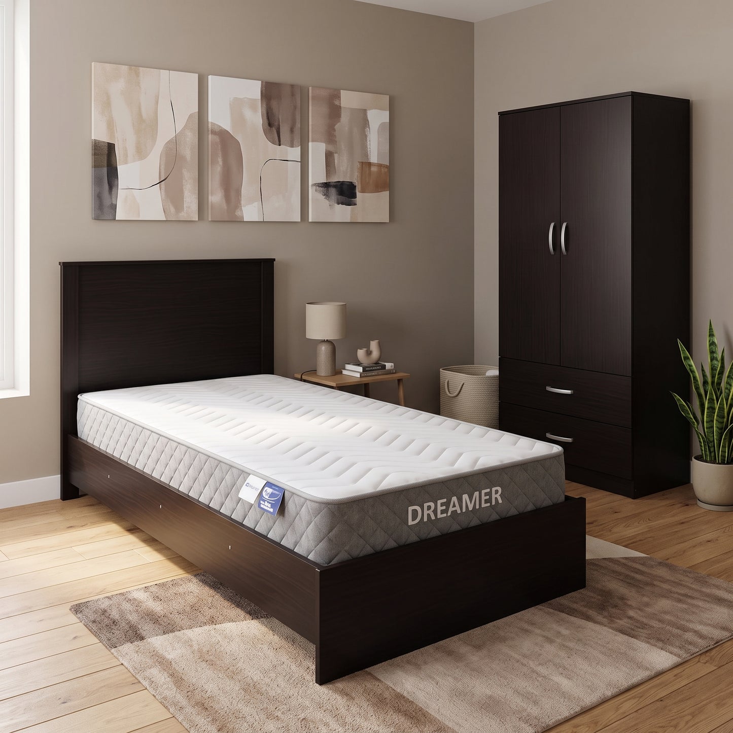 Athos Wenge Bedroom Set with Two-Door Wardrobe and Dreamer Mattress 90x190cm - 3 Piece Set