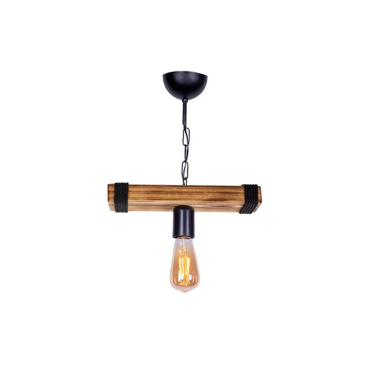 GLISTER 201-0001 Vintage Κρεμαστό Φωτιστικό Ράγα Μονόφωτο 1 x E27 IP20 Μπεζ Ξύλο με Μαύρο Σχοινί - Μ30 x Π10 x Υ60cm