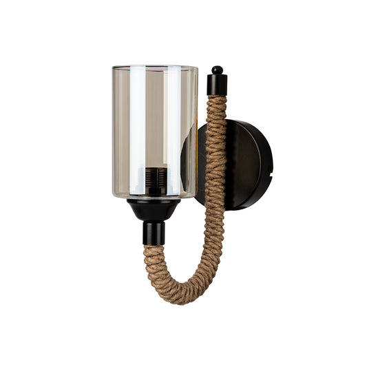 RIFT 203-0002 Vintage Επιτοίχιο Φωτιστικό Απλίκα Σχοινί Μονόφωτο 1 x E27 IP20 Μαύρο Μέταλλο με Μπεζ Σχοινί με Φιμέ Γυαλί - Μ22.5 x Π22.5 x Υ28.5cm