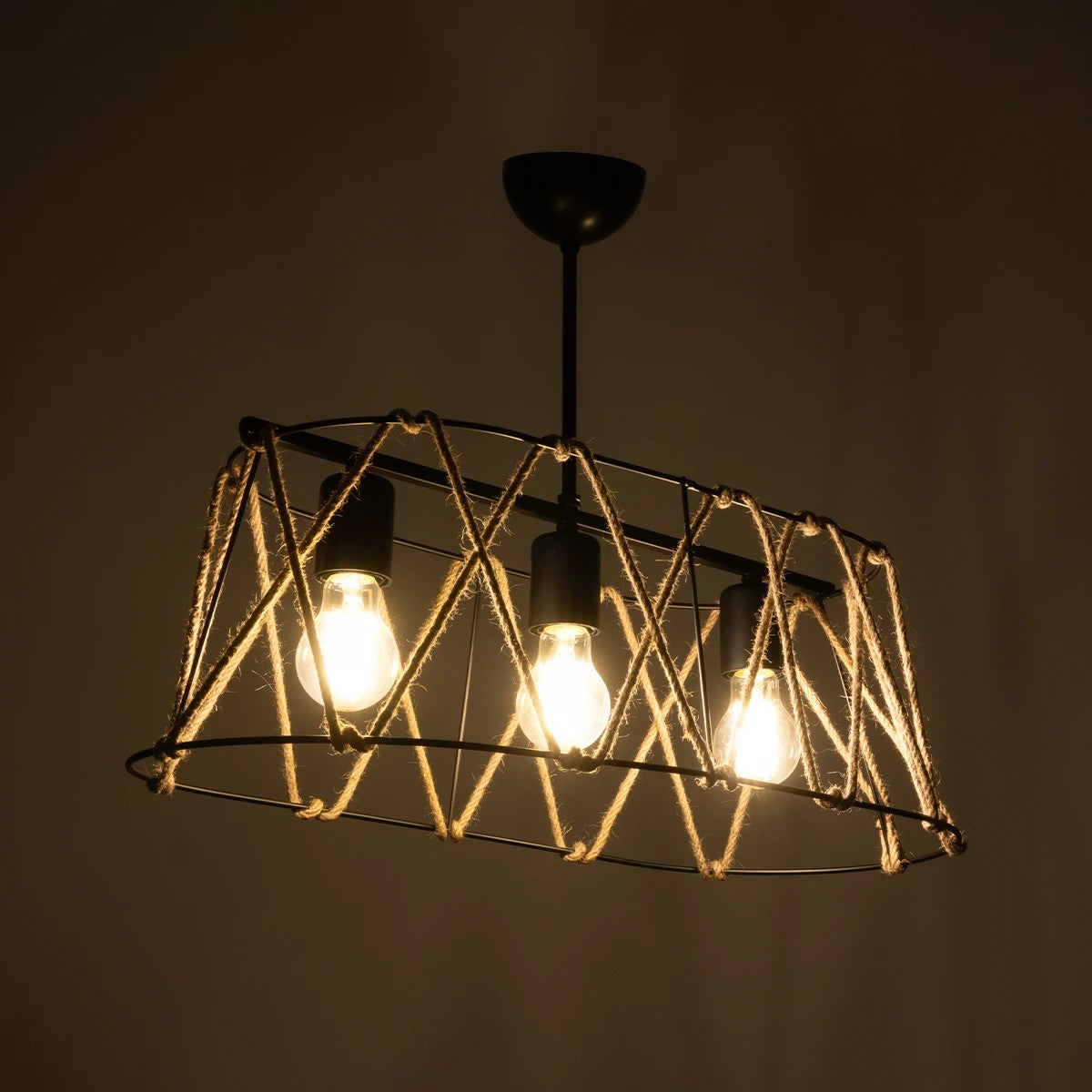 GATSBY 203-0006 Vintage Κρεμαστό Φωτιστικό Σχοινί Τρίφωτο 3 x E27 IP20 Μαύρο με Μπεζ Σχοινί - Μ60 x Π25 x Υ90cm