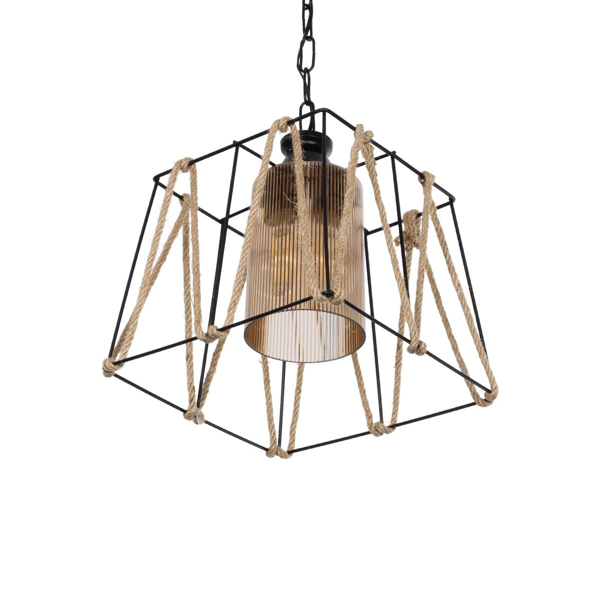 GATSBY 203-0007 Vintage Κρεμαστό Φωτιστικό Σχοινί Μονόφωτο 1 x E27 IP20 Μαύρο Μέταλλο με Μπεζ Σχοινί - Μ25 x Π25 x Υ55cm