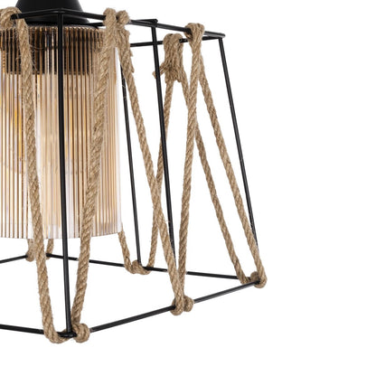 GATSBY 203-0007 Vintage Κρεμαστό Φωτιστικό Σχοινί Μονόφωτο 1 x E27 IP20 Μαύρο Μέταλλο με Μπεζ Σχοινί - Μ25 x Π25 x Υ55cm