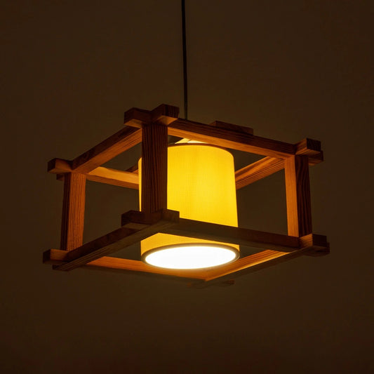 CUP 203-0053 Vintage Κρεμαστό Φωτιστικό Καπέλο Μονόφωνο 1 x E27 IP20 Μπεζ Ξύλο με Λευκό Ύφασμα - Μ32 x Π32 x Υ20cm