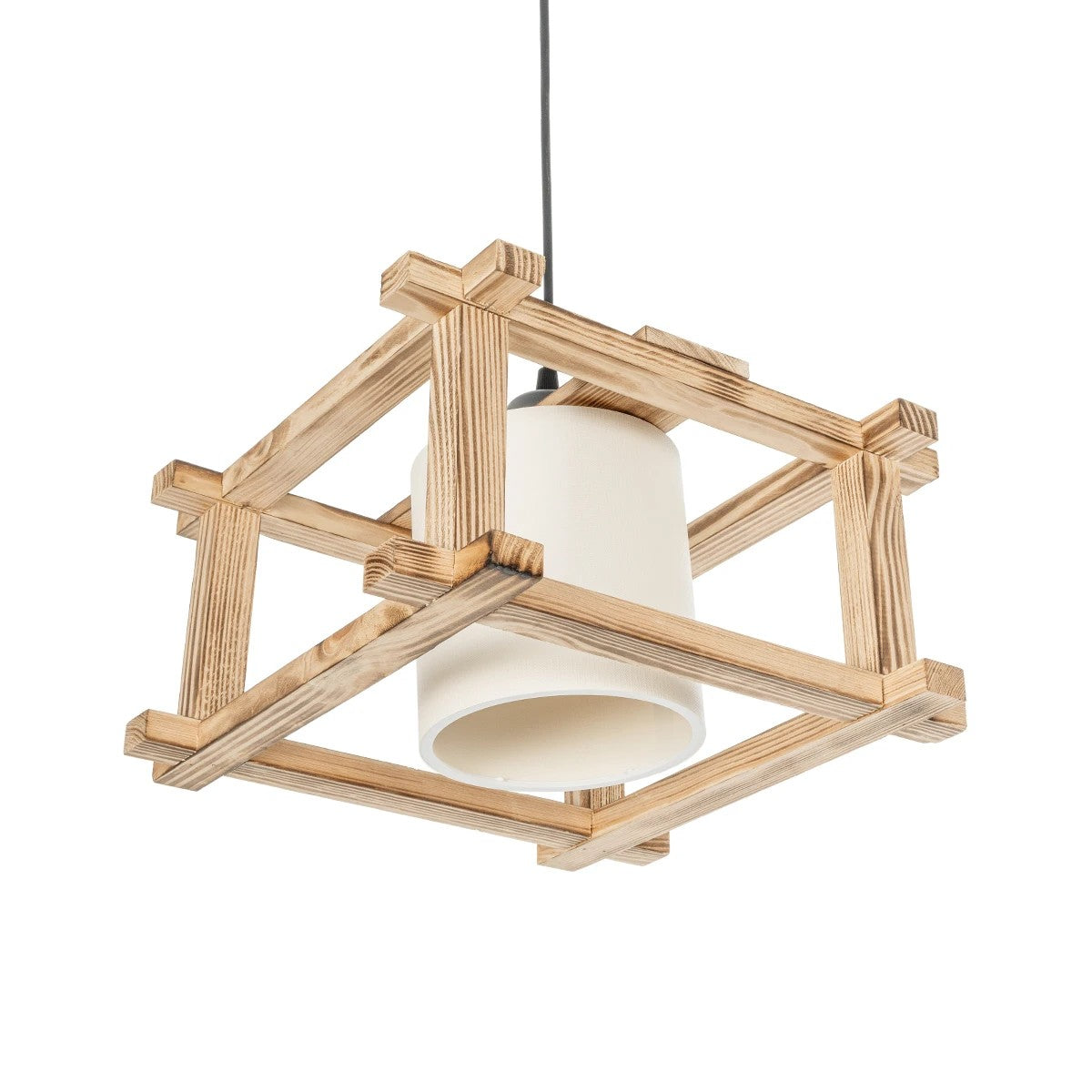 CUP 203-0053 Vintage Κρεμαστό Φωτιστικό Καπέλο Μονόφωνο 1 x E27 IP20 Μπεζ Ξύλο με Λευκό Ύφασμα - Μ32 x Π32 x Υ20cm