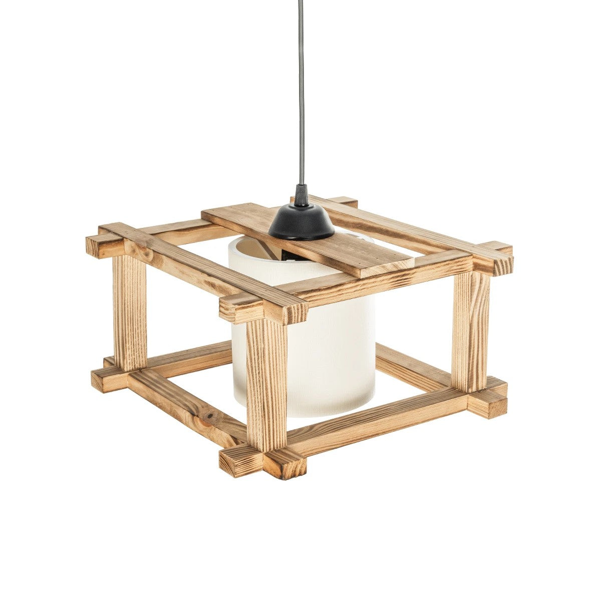 CUP 203-0053 Vintage Κρεμαστό Φωτιστικό Καπέλο Μονόφωνο 1 x E27 IP20 Μπεζ Ξύλο με Λευκό Ύφασμα - Μ32 x Π32 x Υ20cm