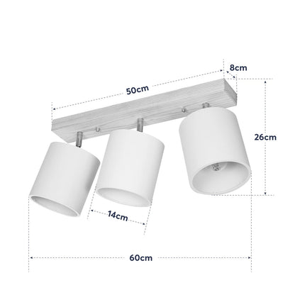 CUP 203-0058 Vintage Φωτιστικό Οροφής Ράγα Τρίφωτο 3 x E27 IP20 Μπέζ Ξύλο με Λευκό Ύφασμα - Μ60 x Π14 x Υ26