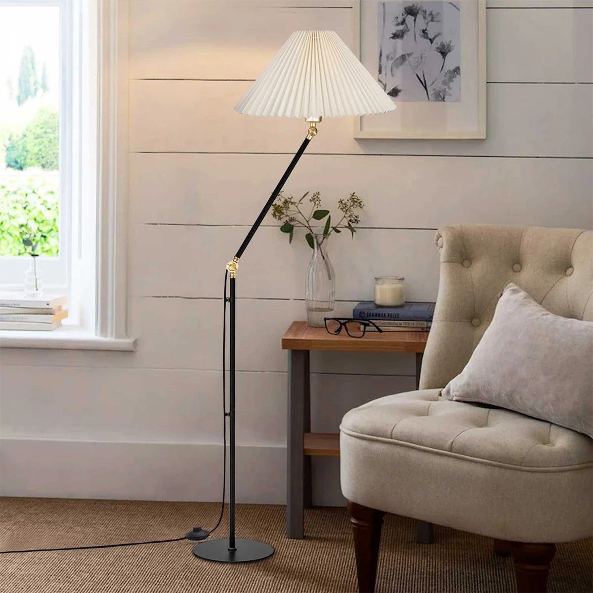 FLY 204-0127 Μοντέρνο Eπιδαπέδιο Φωτιστικό Μονόφωτο 1 x E27 IP20 Μαύρο & Χρυσό Μέταλλο με Μπεζ Ύφασμα - Μ38 x Π38 x Υ155