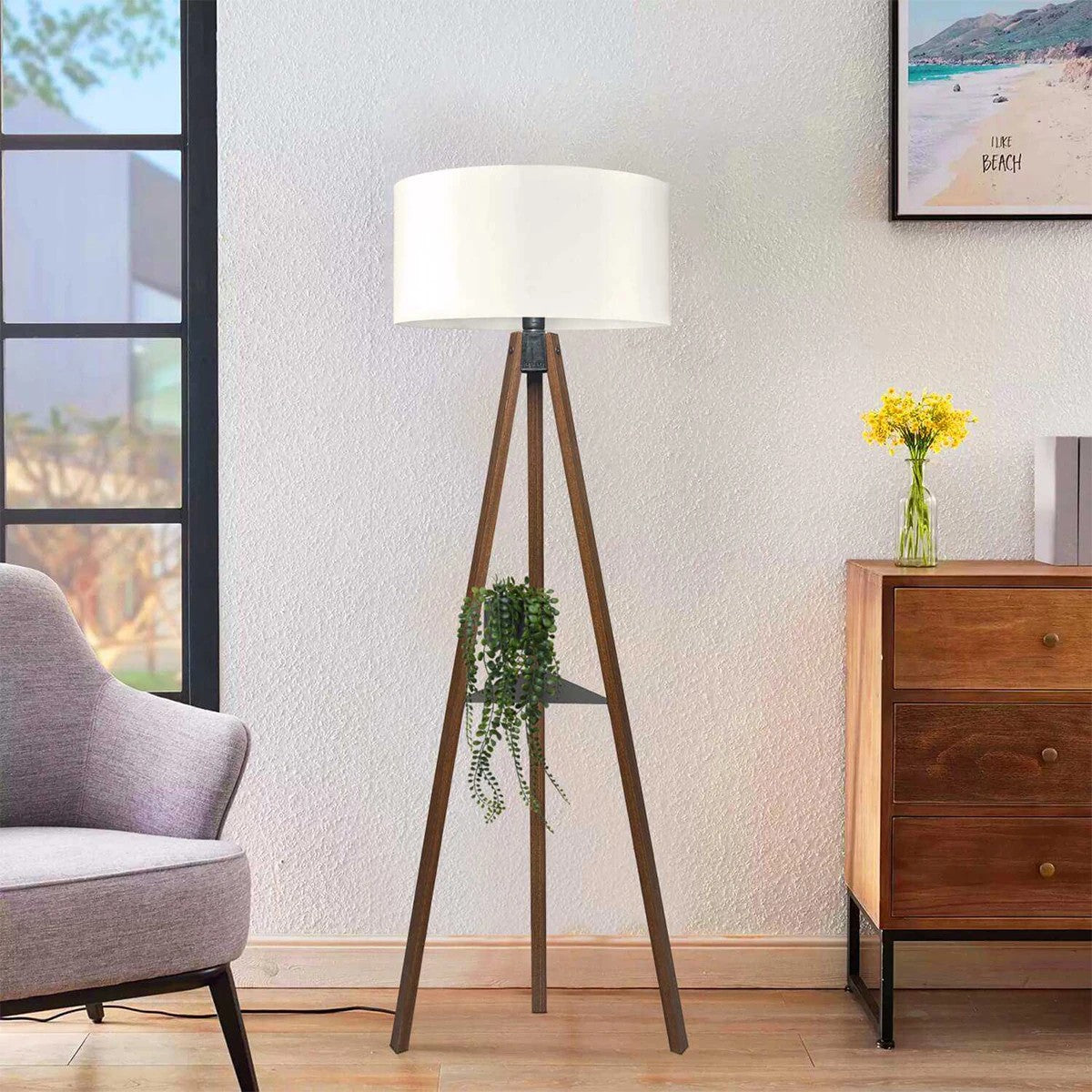 SHELF 204-0129 Μοντέρνο Eπιδαπέδιο Φωτιστικό Μονόφωτο 1 x E27 IP20 Καφέ Ξύλο με Μπεζ Ύφασμα - Μ38 x Π38 x Υ135cm