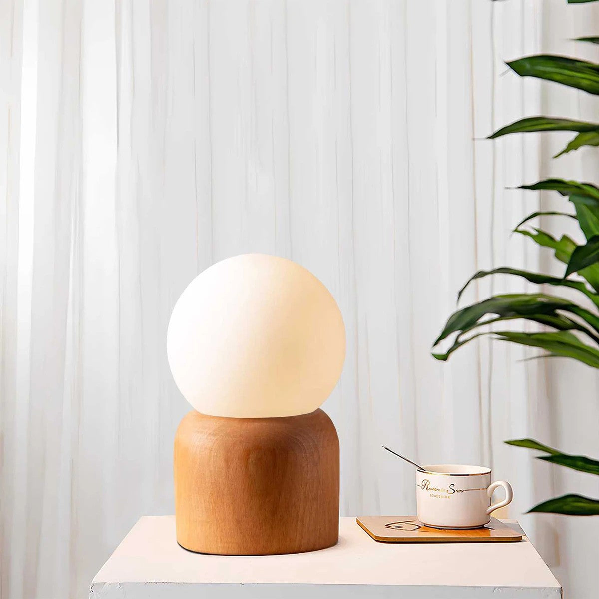 BOARD 204-0144 Μοντέρνο Eπιτραπέζιο Φωτιστικό Μονόφωτο 1 x E27 IP20 Μπεζ Ξύλο με Λευκό Γυαλί - Μ15 x Π15 x Υ25cm