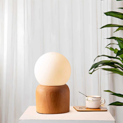 BOARD 204-0144 Μοντέρνο Eπιτραπέζιο Φωτιστικό Μονόφωτο 1 x E27 IP20 Μπεζ Ξύλο με Λευκό Γυαλί - Μ15 x Π15 x Υ25cm