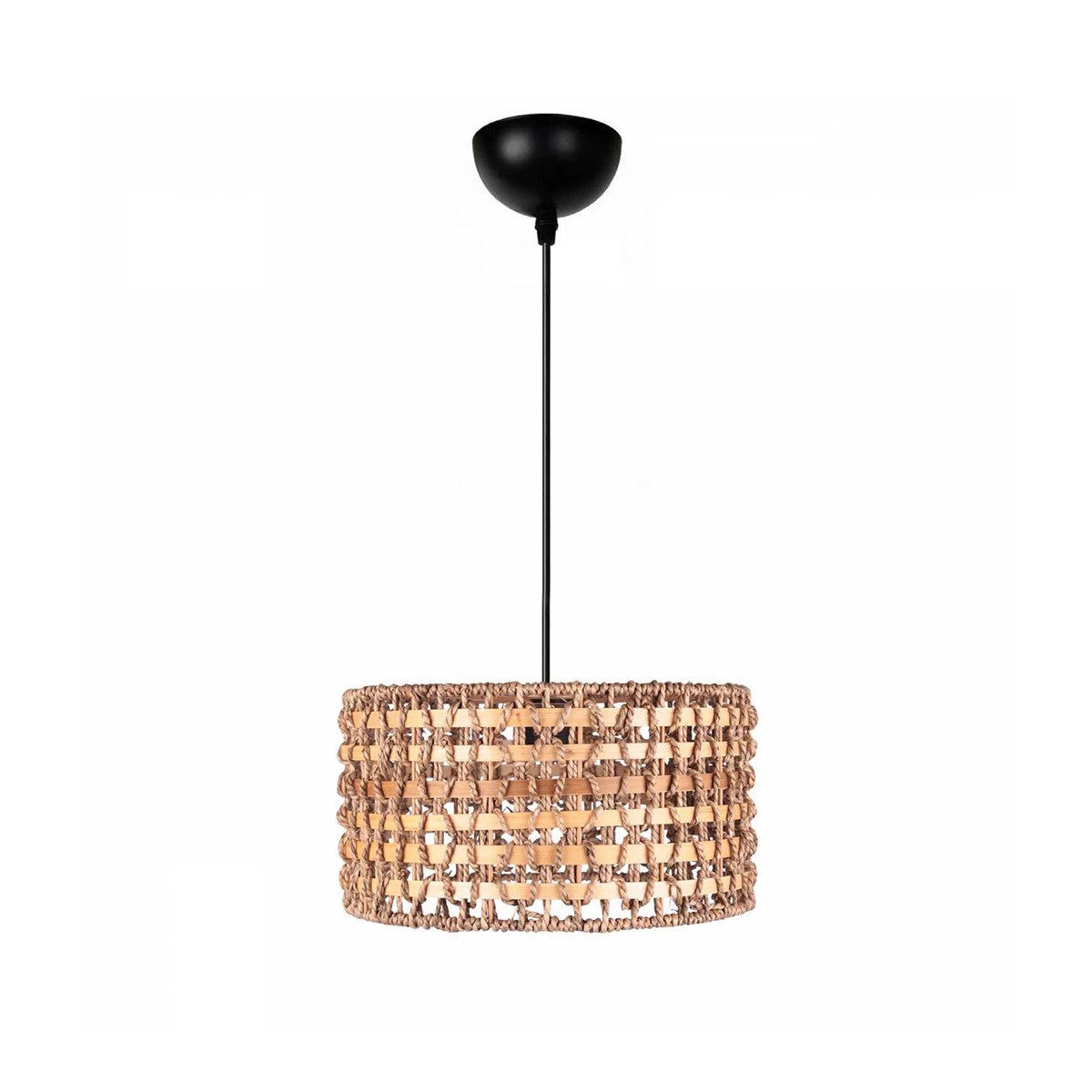 POMEGRANDE 204-0158 Boho Κρεμαστό Φωτιστικό Kαπέλο Μονόφωτο 1 x E27 IP20 Μπεζ Rattan με Καφέ Ξυλο - Μ30 x Π30 x Υ16cm