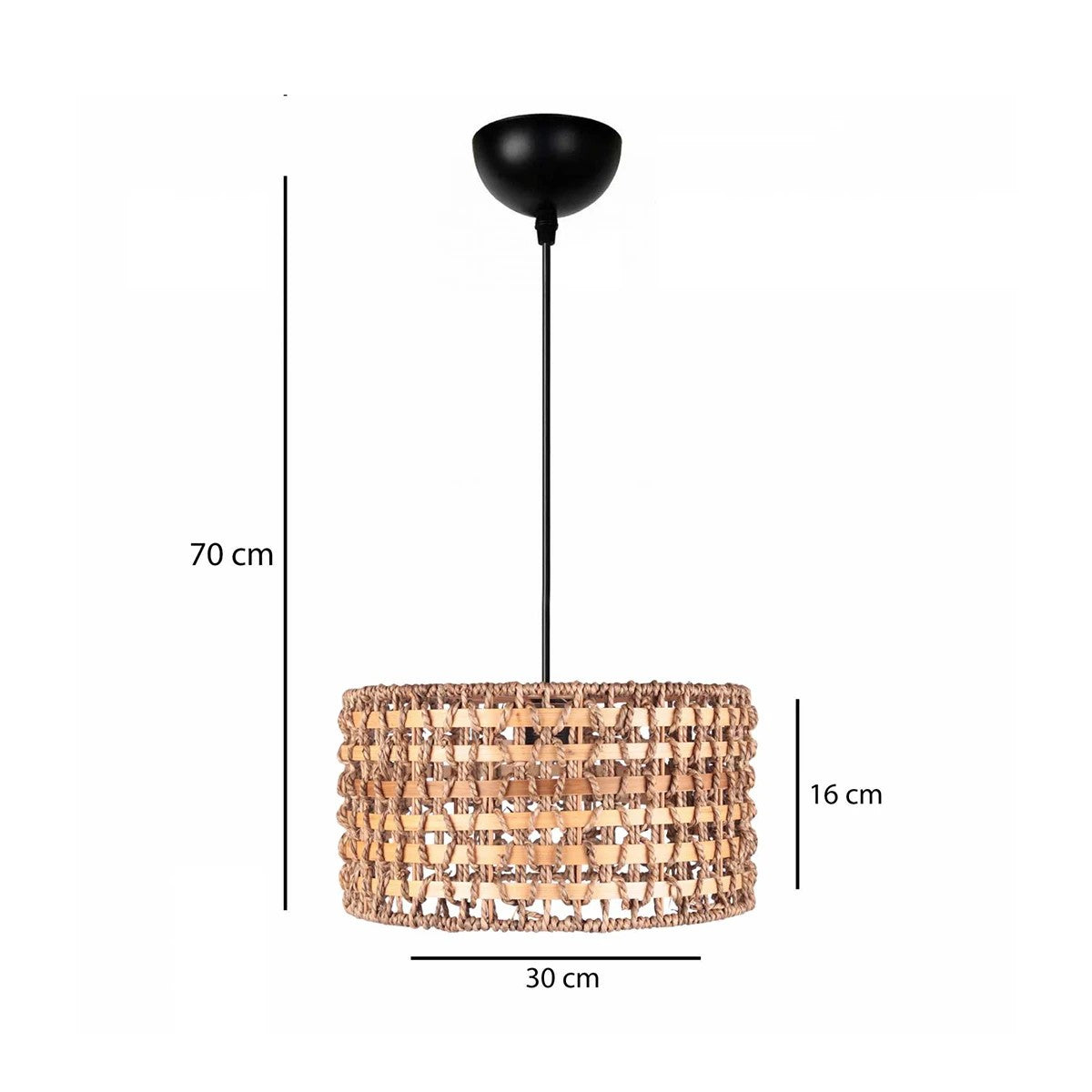 POMEGRANDE 204-0158 Boho Κρεμαστό Φωτιστικό Kαπέλο Μονόφωτο 1 x E27 IP20 Μπεζ Rattan με Καφέ Ξυλο - Μ30 x Π30 x Υ16cm