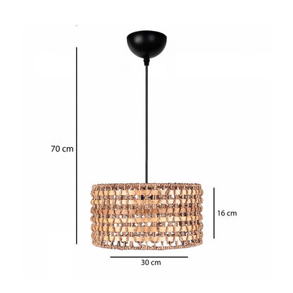 POMEGRANDE 204-0158 Boho Κρεμαστό Φωτιστικό Kαπέλο Μονόφωτο 1 x E27 IP20 Μπεζ Rattan με Καφέ Ξυλο - Μ30 x Π30 x Υ16cm