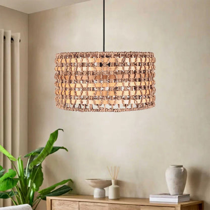 POMEGRANDE 204-0158 Boho Κρεμαστό Φωτιστικό Kαπέλο Μονόφωτο 1 x E27 IP20 Μπεζ Rattan με Καφέ Ξυλο - Μ30 x Π30 x Υ16cm