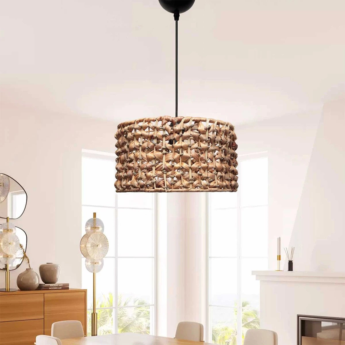 POMEGRANDE 204-0160 Boho Κρεμαστό Φωτιστικό Kαπέλο Μονόφωτο 1 x E27 IP20 Καφέ Rattan - Μ29 x Π29 x Υ16cm