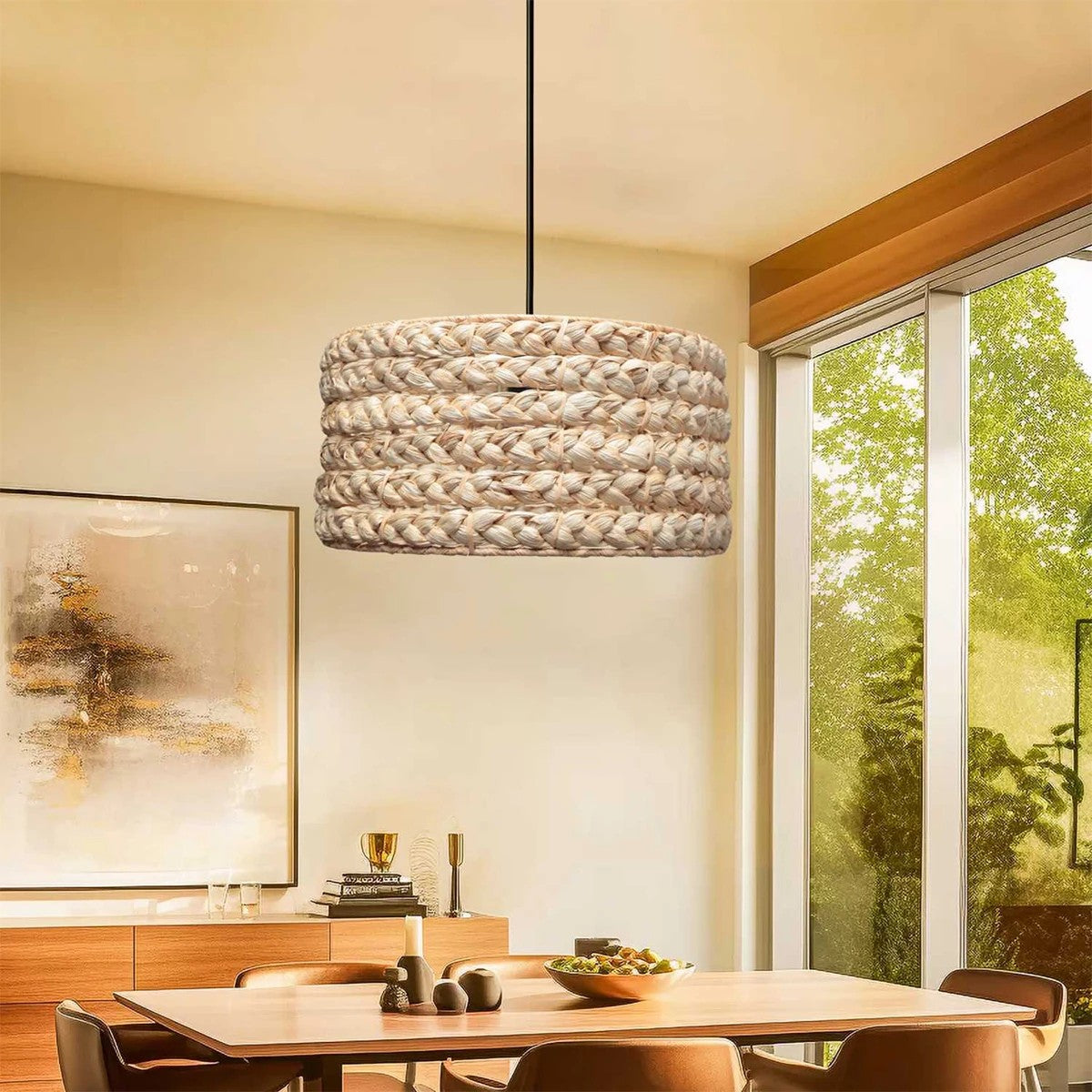 POMEGRANDE 204-0161 Boho Κρεμαστό Φωτιστικό Kαπέλο Μονόφωτο 1 x E27 IP20 Μπεζ Rattan - Μ29 x Π29 x Υ15cm