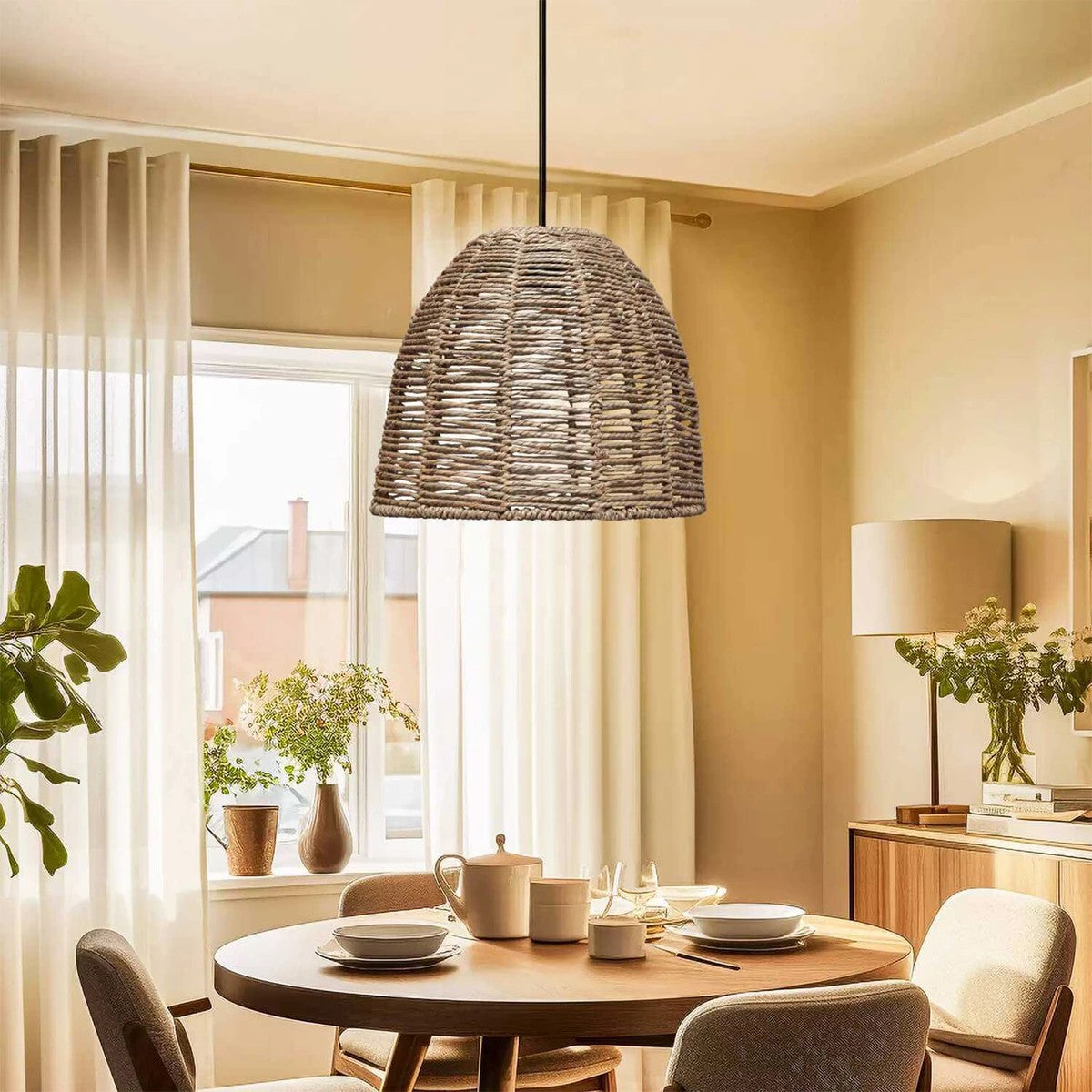 MEKA 204-0162 Boho Κρεμαστό Φωτιστικό Καμπάνα Μονόφωτο 1 x E27 IP20 Καφε Σχοινί - Μ31 x Π31 x Υ26cm