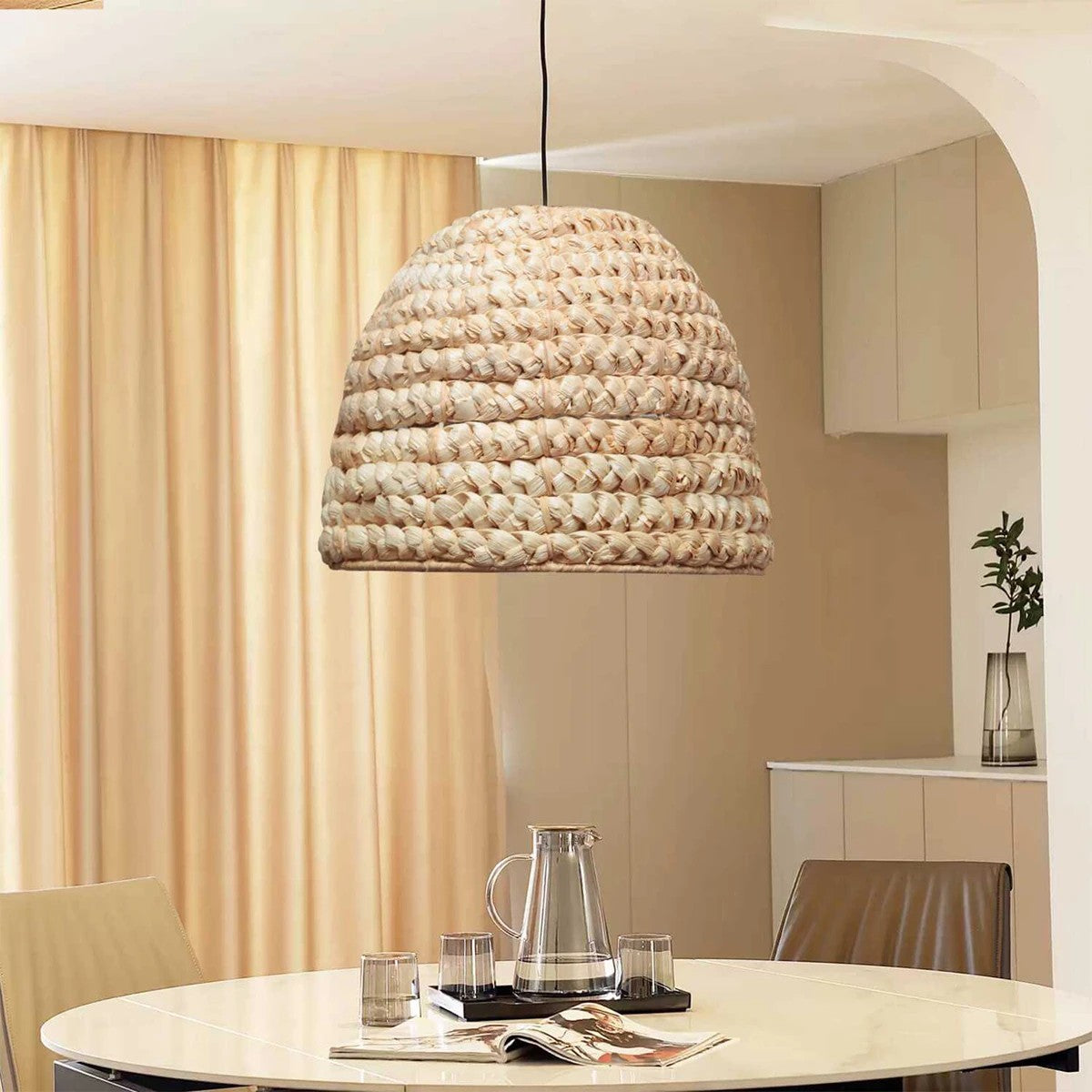 MEKA 204-0163 Boho Κρεμαστό Φωτιστικό Καμπάνα Μονόφωτο 1 x E27 IP20 Μπεζ Rattan - Μ30 x Π30 x Υ25cm