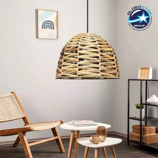 MEKA 204-0165 Boho Κρεμαστό Φωτιστικό Καμπάνα Μονόφωτο 1 x E27 IP20 Μπεζ Rattan - Μ30 x Π30 x Υ25cm
