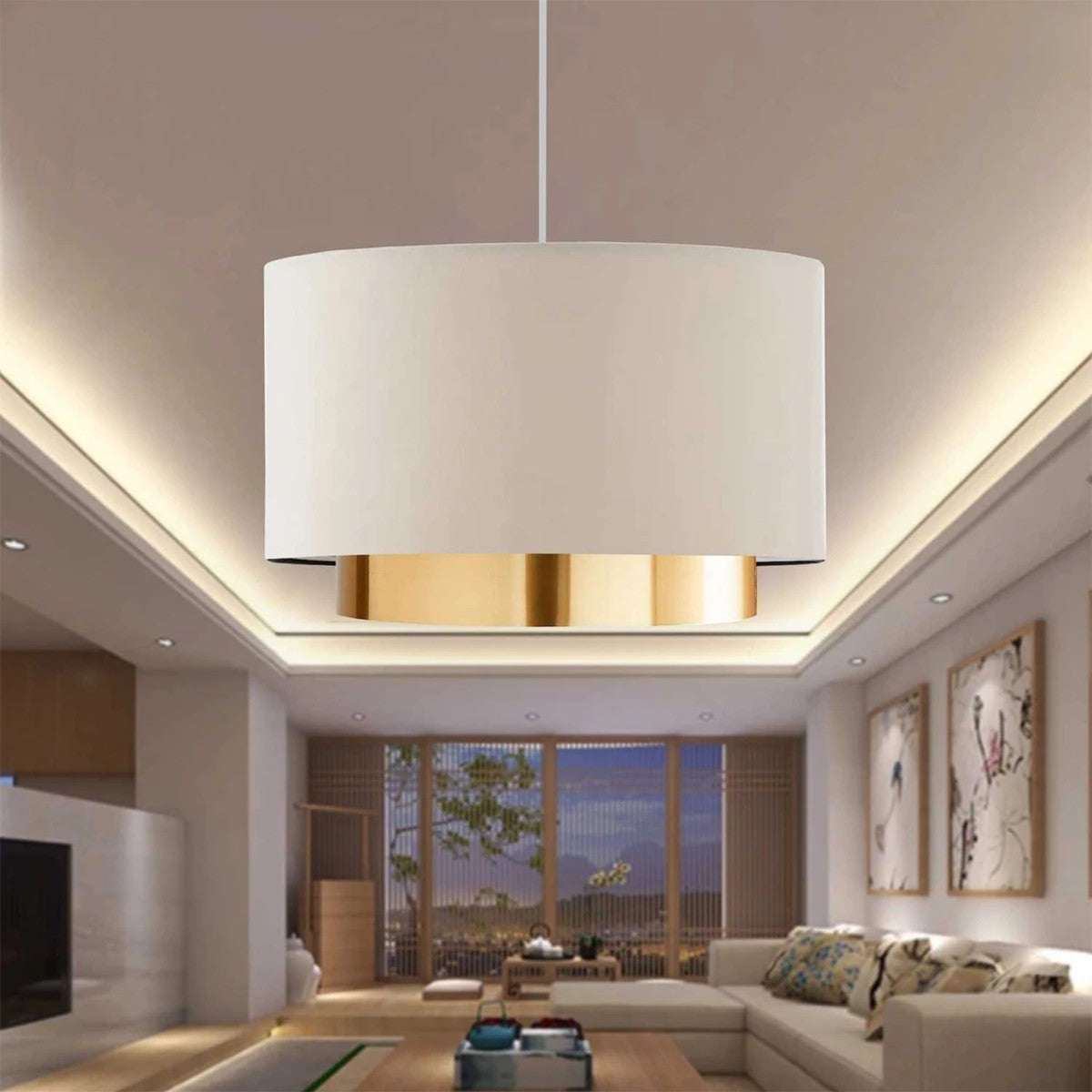 BASIL 204-0173 Μοντέρνο Κρεμαστό Φωτιστικό Kαπέλο Μονόφωτο 1 x E27 IP20 Μπεζ & Χρυσό Ύφασμα - Μ30 x Π30 x Υ20cm