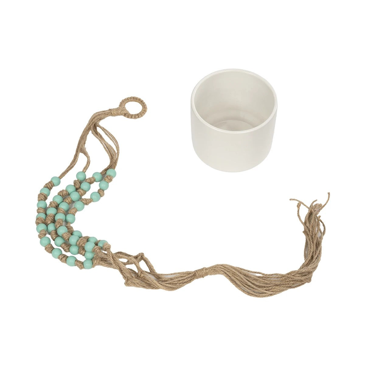 PUEBLO 20532 Διακοσμητική Κεραμική Γλάστρα Λευκή με Μακραμέ Μ13 x Π13 x Υ12