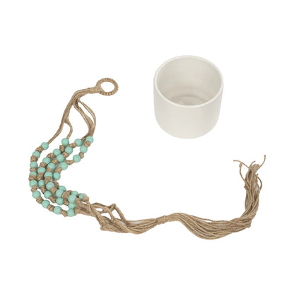 PUEBLO 20532 Διακοσμητική Κεραμική Γλάστρα Λευκή με Μακραμέ Μ13 x Π13 x Υ12