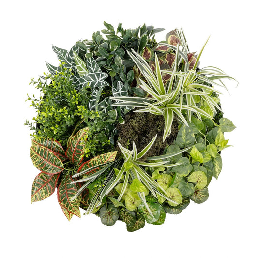 VARIOUS PLANTS ROUND WALL DISC 20691 Τεχνητό Διακοσμητικό Στρογγυλό Πάνελ Φυλλωσιάς - Κάθετος Κήπος Μιξ Μ60 x Π60 x Υ20