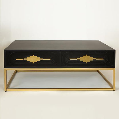 ΤΡΑΠΕΖΑΚΙ ΣΑΛΟΝΙΟΥ ΞΥΛΙΝΟ ΜΑΥΡΟ ΜΕΤΑΛΛΙΚΑ ΠΟΔΙΑ ΧΡΥΣΑ 120x60x45