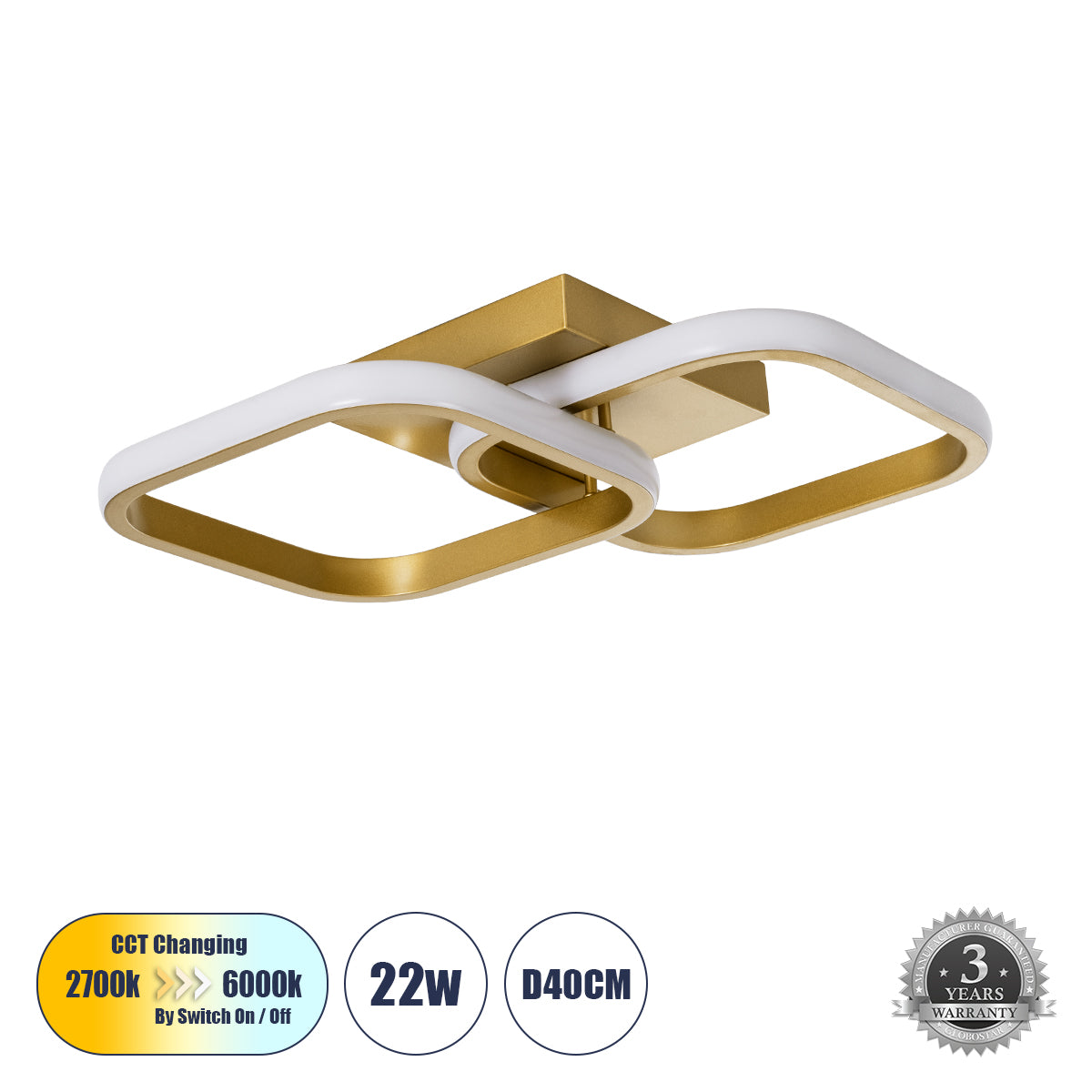 NORA 61063 Φωτιστικό Οροφής Design LED CCT 22W 2640lm 300° AC 220-240V - Εναλλαγή Φωτισμού μέσω Διακόπτη On/Off All In One Ψυχρό 6000k+Φυσικό 4500k+Θερμό 2700k Μ40 x Π24 x Υ7cm - Χρυσό Βούρτσας