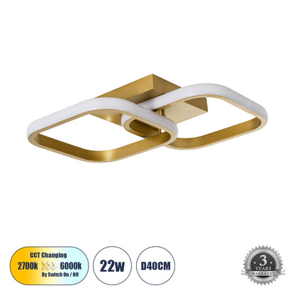NORA 61063 Φωτιστικό Οροφής Design LED CCT 22W 2640lm 300° AC 220-240V - Εναλλαγή Φωτισμού μέσω Διακόπτη On/Off All In One Ψυχρό 6000k+Φυσικό 4500k+Θερμό 2700k Μ40 x Π24 x Υ7cm - Χρυσό Βούρτσας