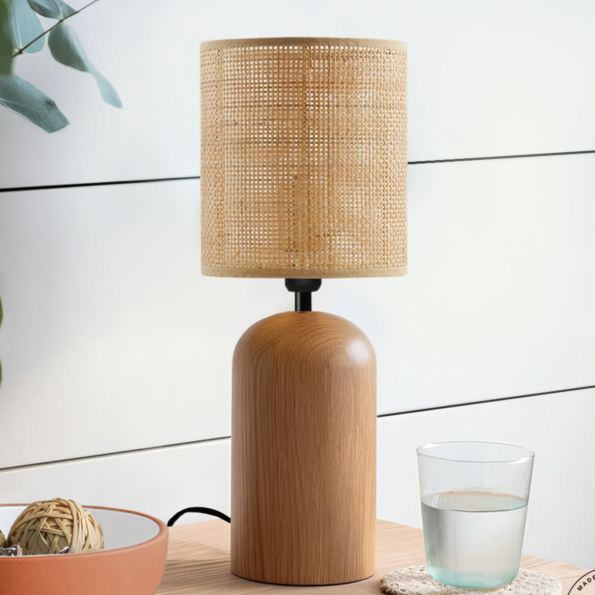 HARD 204-0065 Boho Eπιτραπέζιο Φωτιστικό Πορτατίφ Μονόφωτο 1 x E27 IP20 Καφέ Ξύλο με Μπεζ Ρατάν - Μ15 x Π15 x Υ35