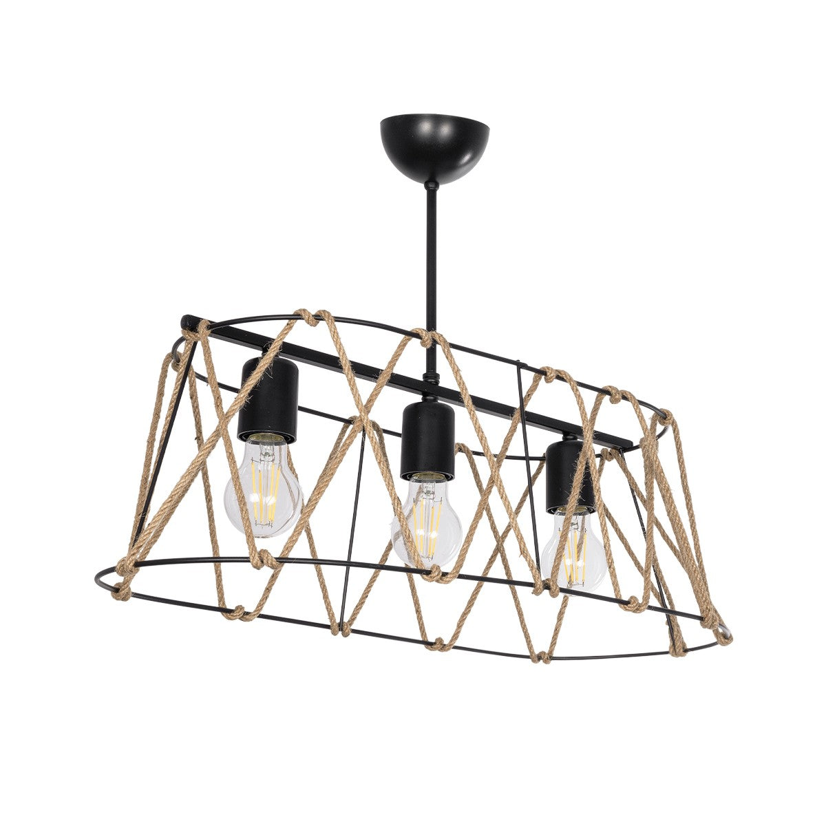 GATSBY 203-0006 Vintage Κρεμαστό Φωτιστικό Σχοινί Τρίφωτο 3 x E27 IP20 Μαύρο με Μπεζ Σχοινί - Μ60 x Π25 x Υ90cm